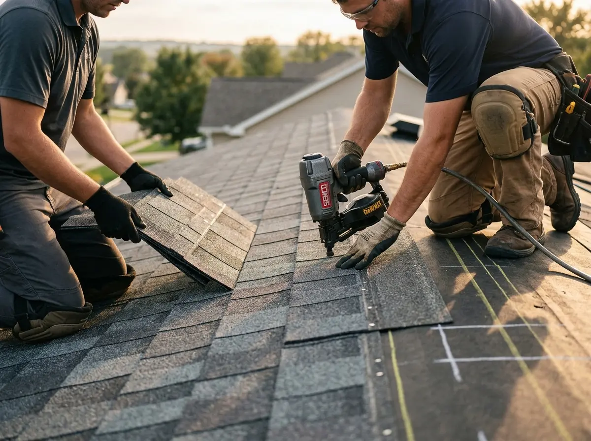 Professional roofer working on a residential roof in Bartow